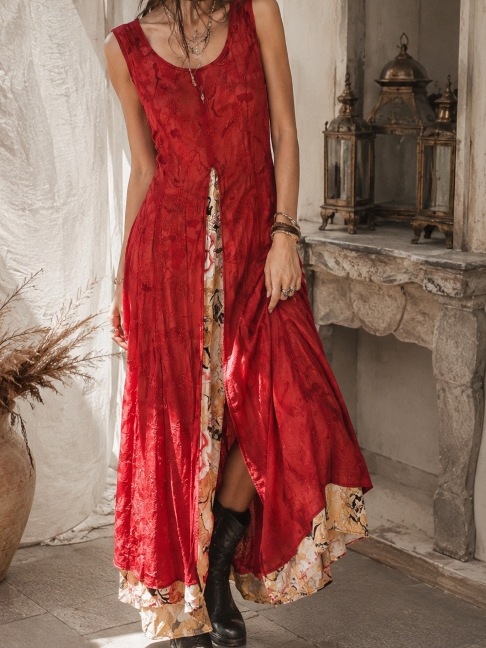 April Cornell Vintage Layered Maxi Dress Lace Sheer Homecoming Red Large